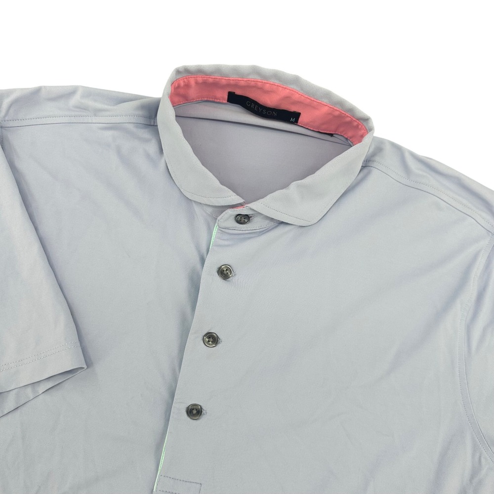 Greyson Mens Wolf Logo Performance Golf Polo Shirt Blue Pink Trim Size M Flaw